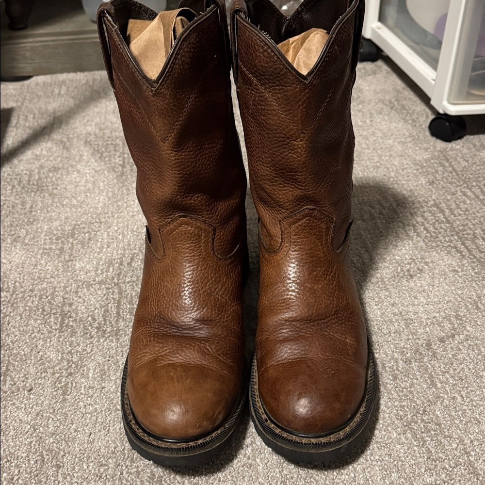 Justin Leather cowboy boots Mens 9EE Mid Calf Brown Round toe workwear Western